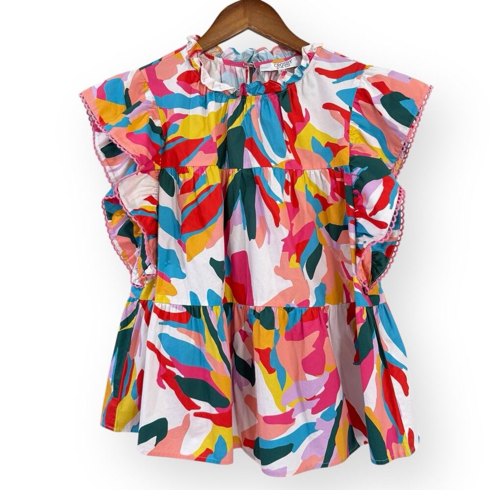 Crosby By Mollie Burch Small Abstract Cotton Blouse Flutter Sleeve Ruffle Collar